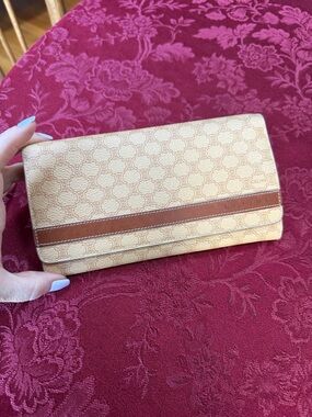 Celine Tan & Brown Coated Canvas & Leather Stripe Logo Long Flap Wallet
